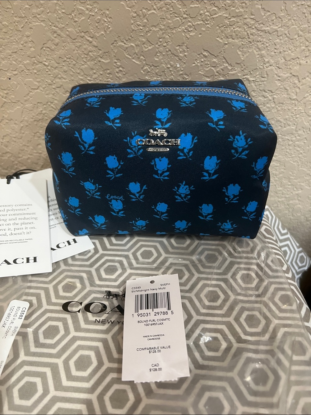 Coach Navy Cosmetic Pouch with Bright Blue Rose Print